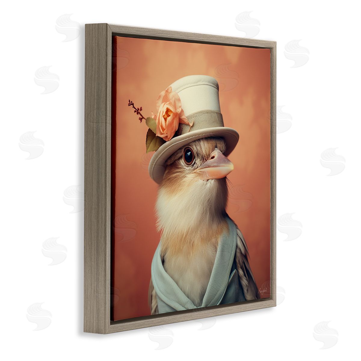 Roozbeh Bird in Vintage Hat Brown Floater Frame Canvas Artside_