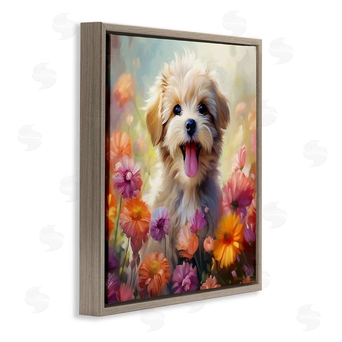 Roozbeh Dog in Daisy Meadow Brown Floater Frame Canvas Artside_