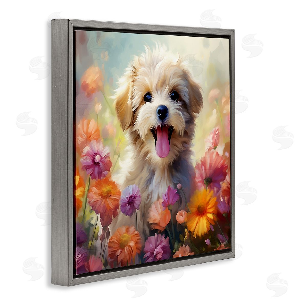 Roozbeh Dog in Daisy Meadow Gray Floater Frame Canvas Artside_