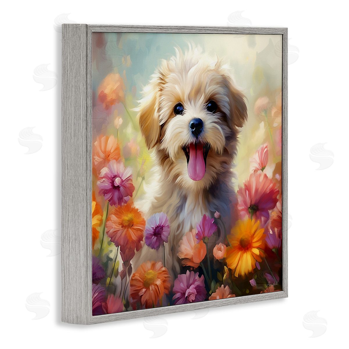 Roozbeh Dog in Daisy Meadow Gray Framed Giclee Wall Artside_