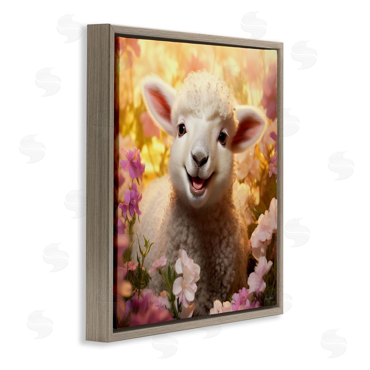 Lamb in Flower Meadow Brown Floating Frame Canvas Wall Art, Home Decor by Roozbeh