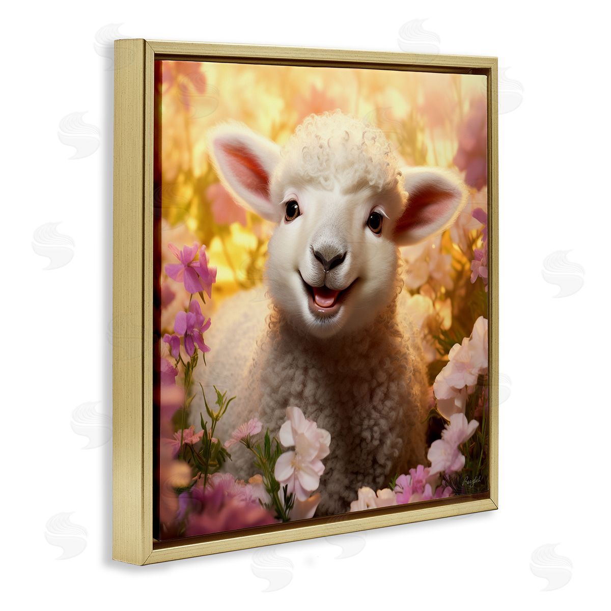 Lamb in Flower Meadow Gold Floating Frame Canvas Wall Art, Home Decor by Roozbeh