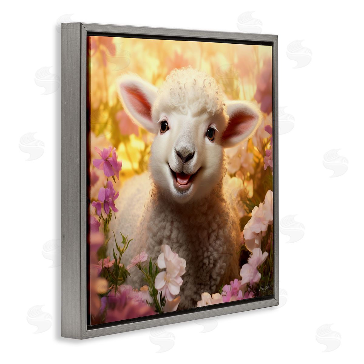 Lamb in Flower Meadow Grey Floating Frame Canvas Wall Art, Home Decor by Roozbeh