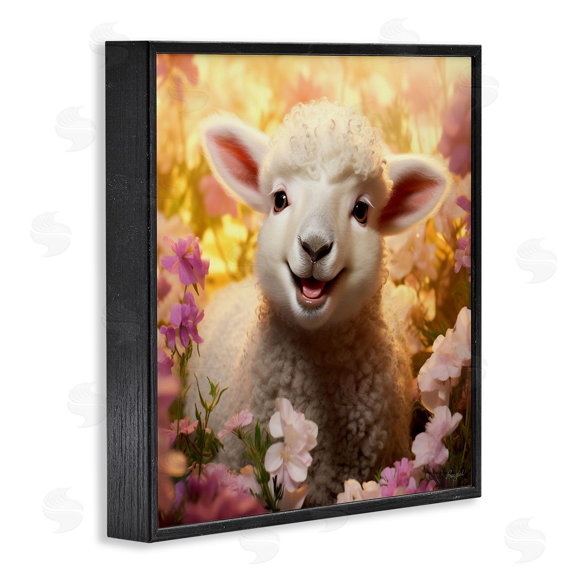 Lamb in Flower Meadow Black Frame Print Wall Art, Home Decor by Roozbeh