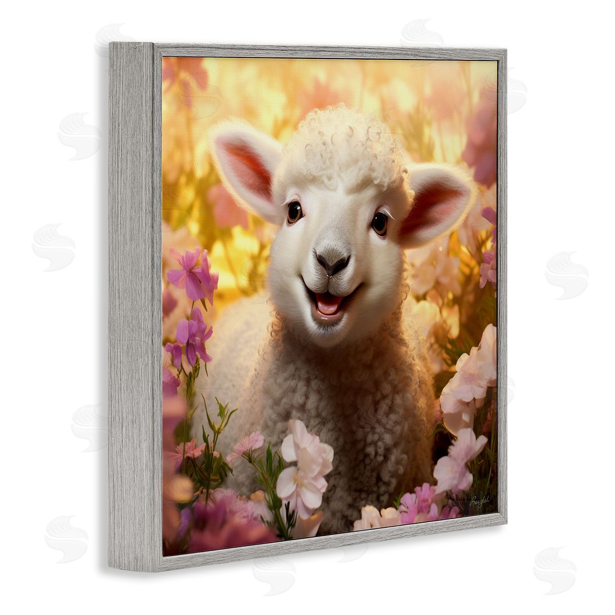 Lamb in Flower Meadow Grey Frame Print Wall Art, Home Decor by Roozbeh