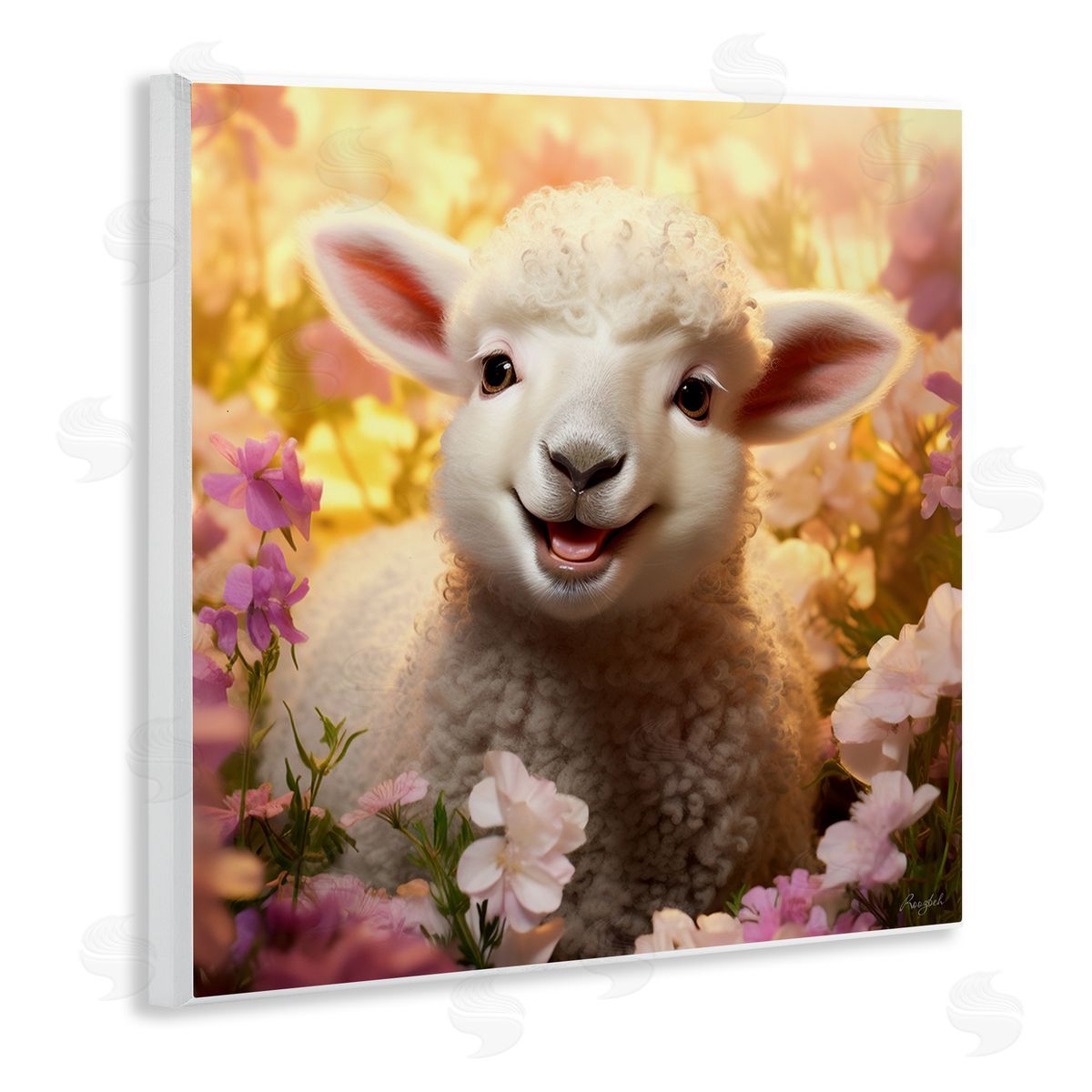 Lamb in Flower Meadow Wood Plaque Wall Art, Home Decor by Roozbeh