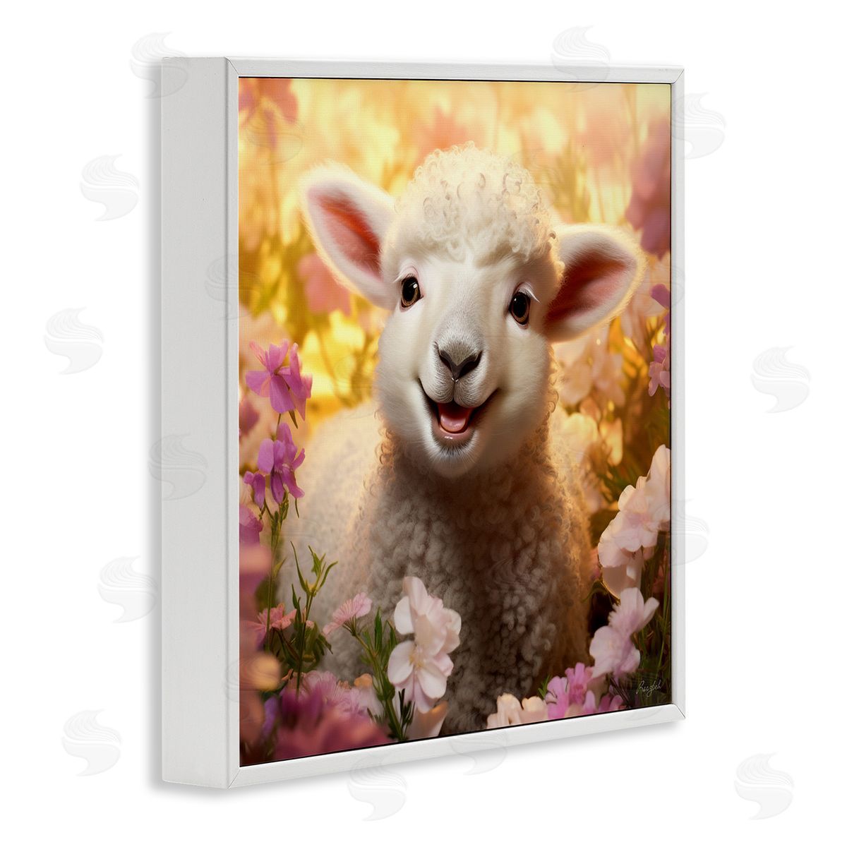 Lamb in Flower Meadow White Frame Print Wall Art, Home Decor by Roozbeh