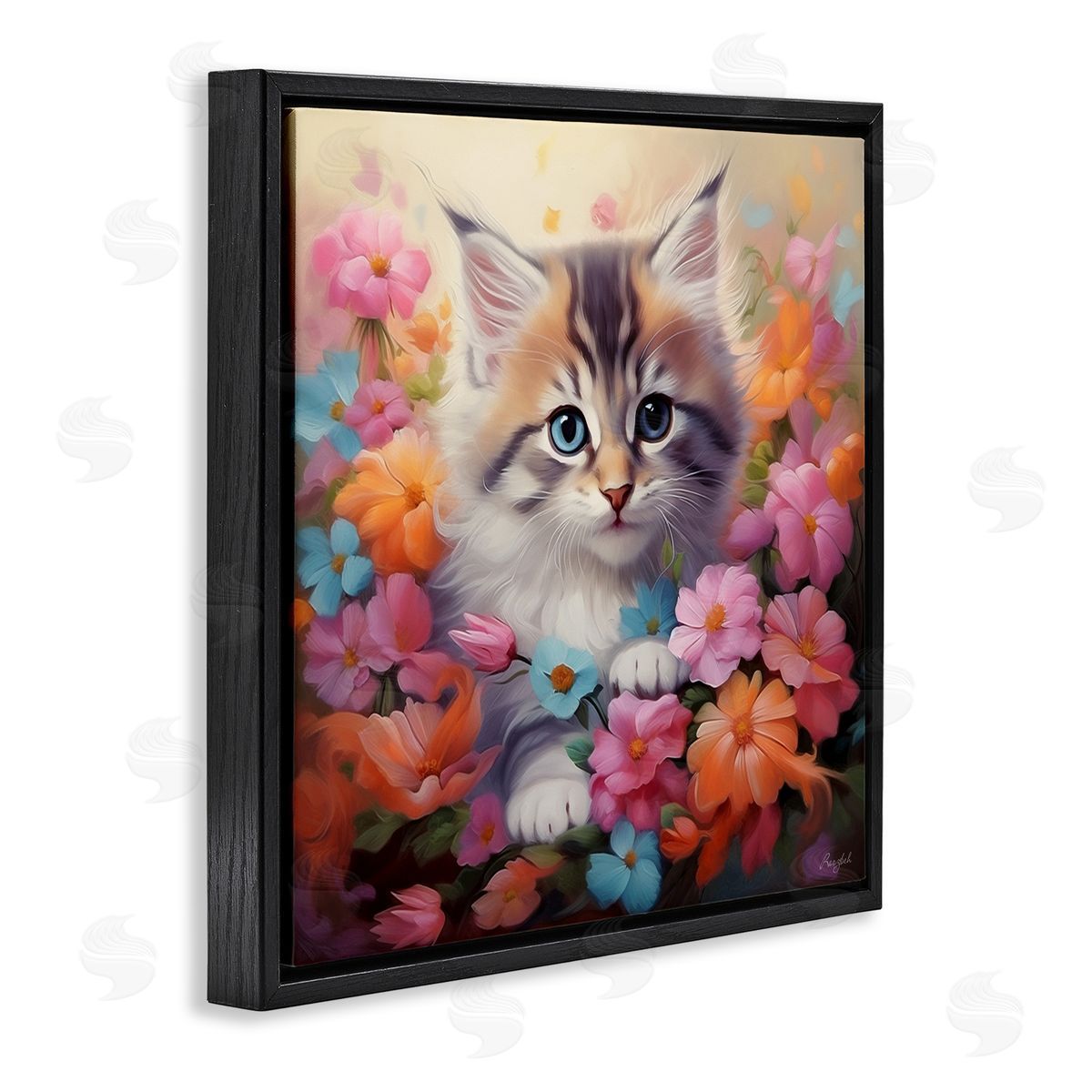 Roozbeh Kitten in Flower Meadow Black Floater Frame Canvas Artside_