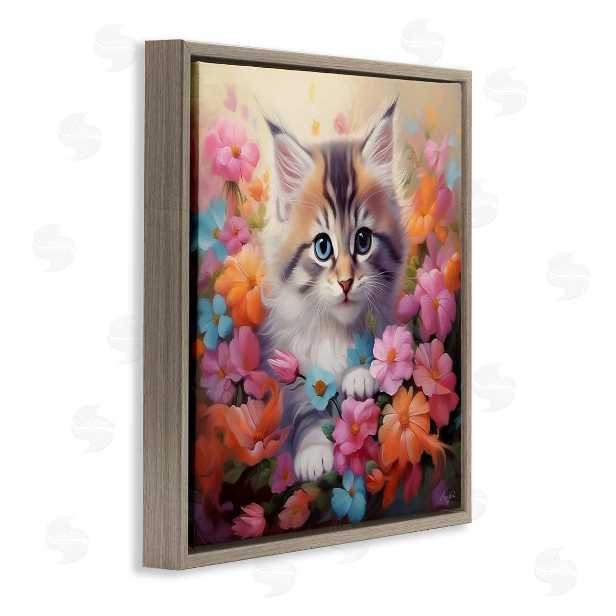 Roozbeh Kitten in Flower Meadow Brown Floater Frame Canvas Artside_