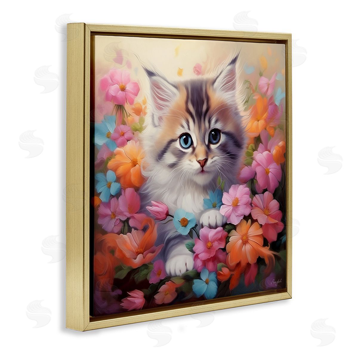 Roozbeh Kitten in Flower Meadow Gold Floater Frame Canvas Artside_