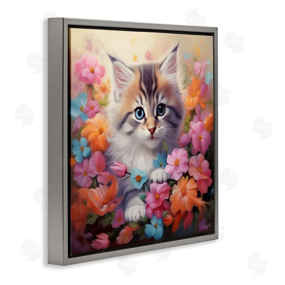 Roozbeh Kitten in Flower Meadow Gray Floater Frame Canvas Artside_
