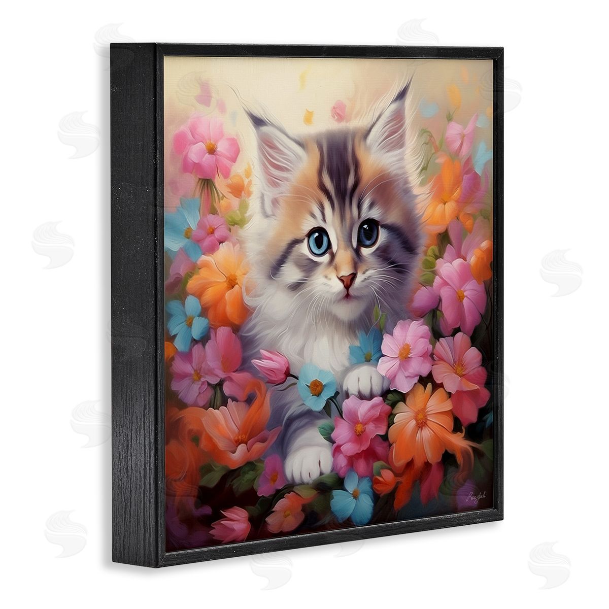 Roozbeh Kitten in Flower Meadow Black Framed Giclee Wall Artside_