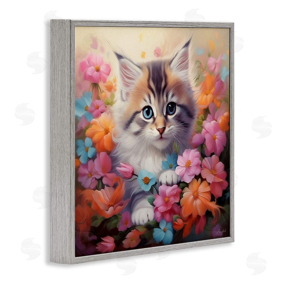 Roozbeh Kitten in Flower Meadow Gray Framed Giclee Wall Artside_