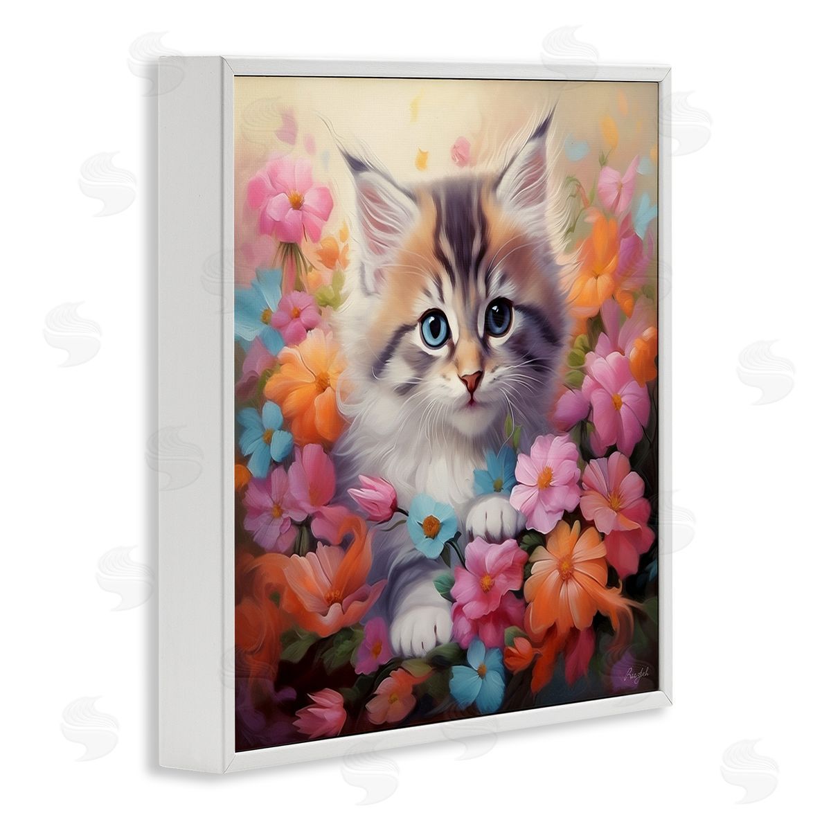 Roozbeh Kitten in Flower Meadow White Framed Giclee Wall Artside_