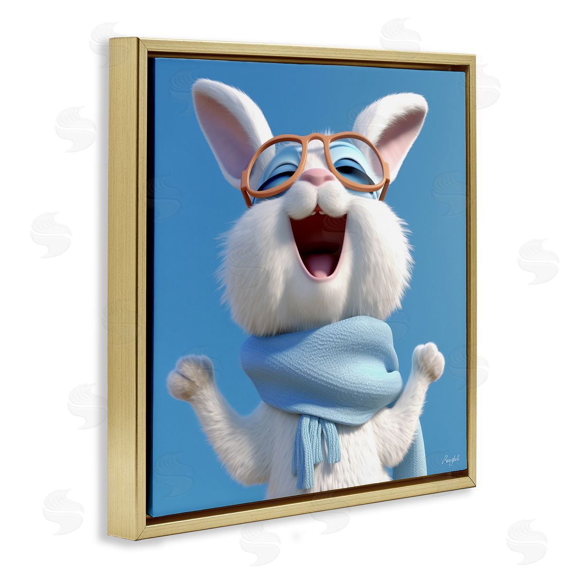Roozbeh Happy Rabbit in Blue Gold Floater Frame Canvas Artside_
