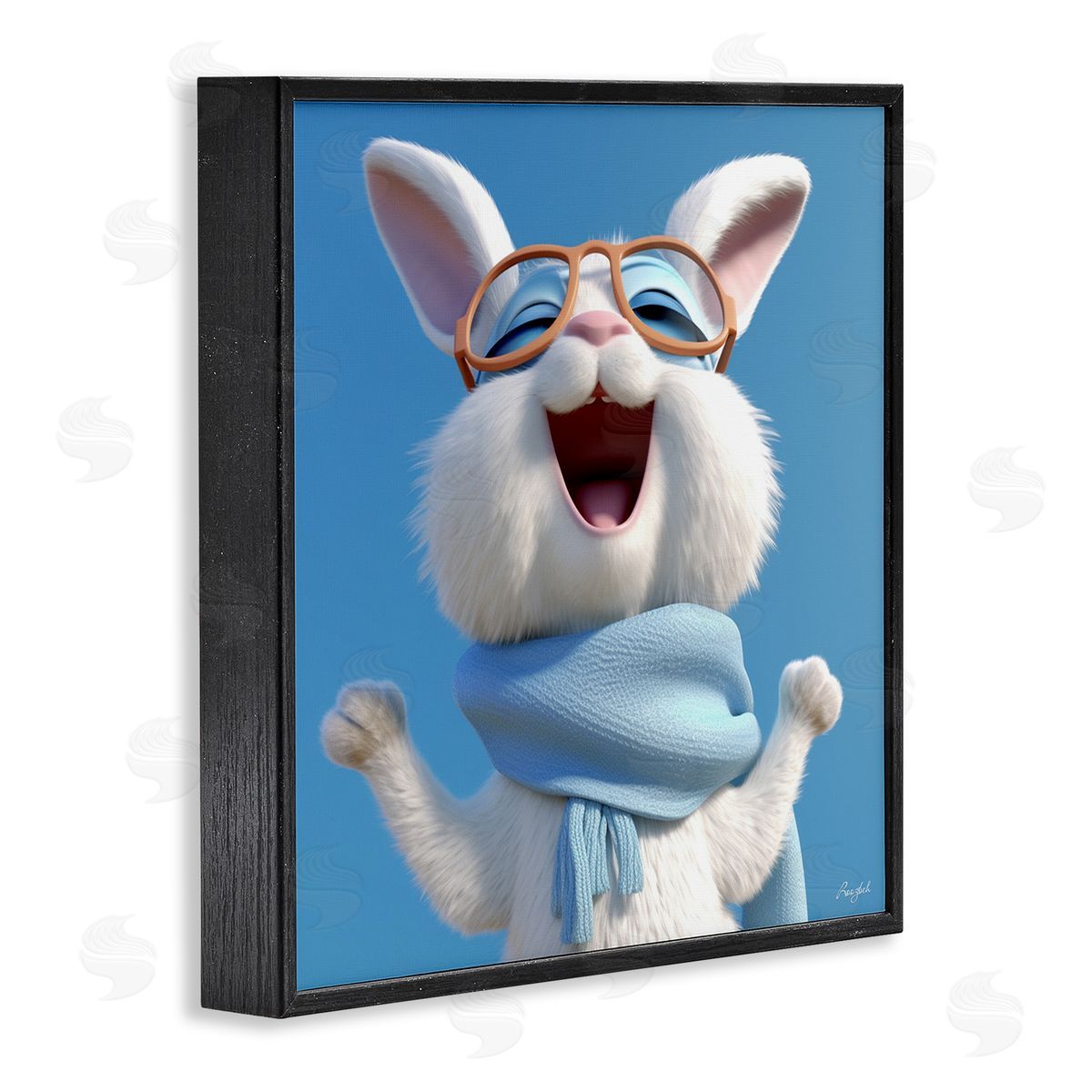 Roozbeh Happy Rabbit in Blue Black Framed Giclee Wall Artside_