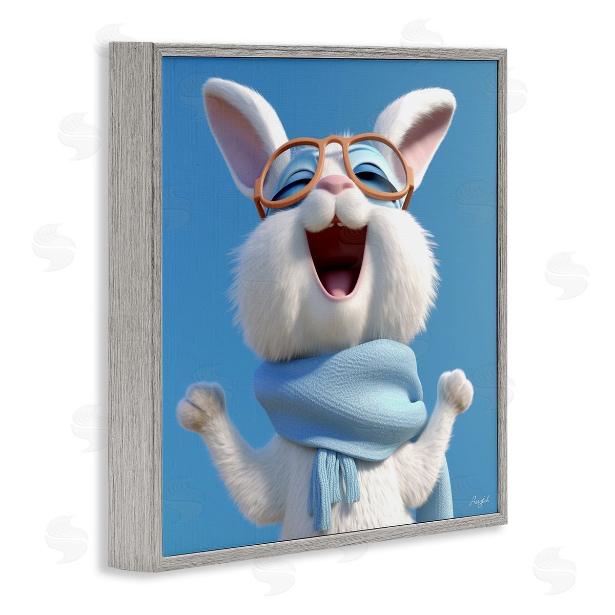Roozbeh Happy Rabbit in Blue Gray Framed Giclee Wall Artside_
