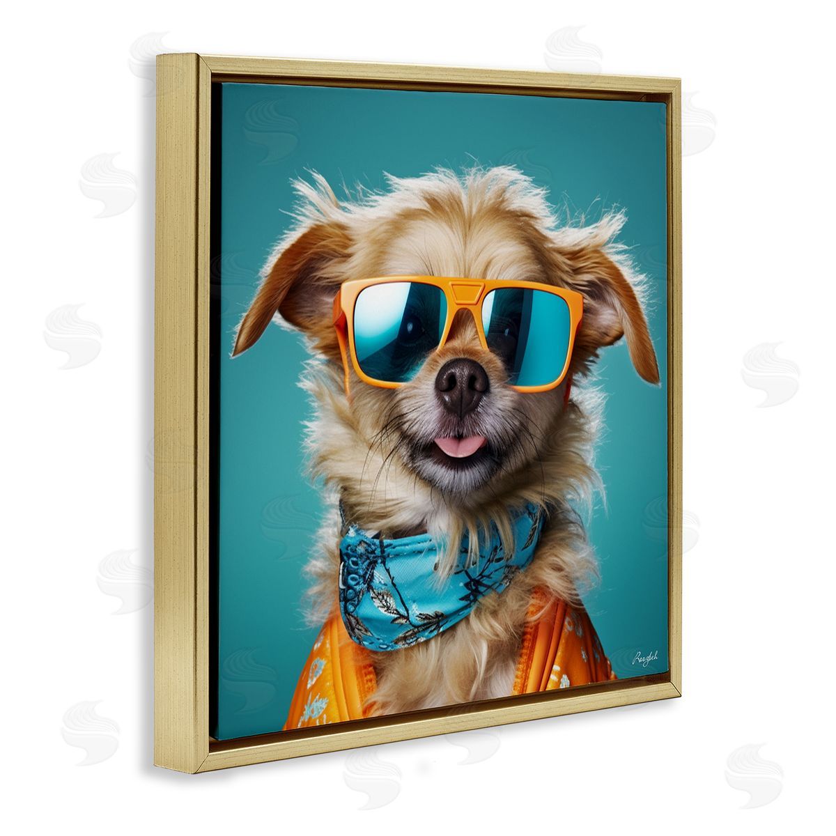 Hipster Dog Portrait Gold Floating Frame Canvas Wall Art, Home Decor by Roozbeh