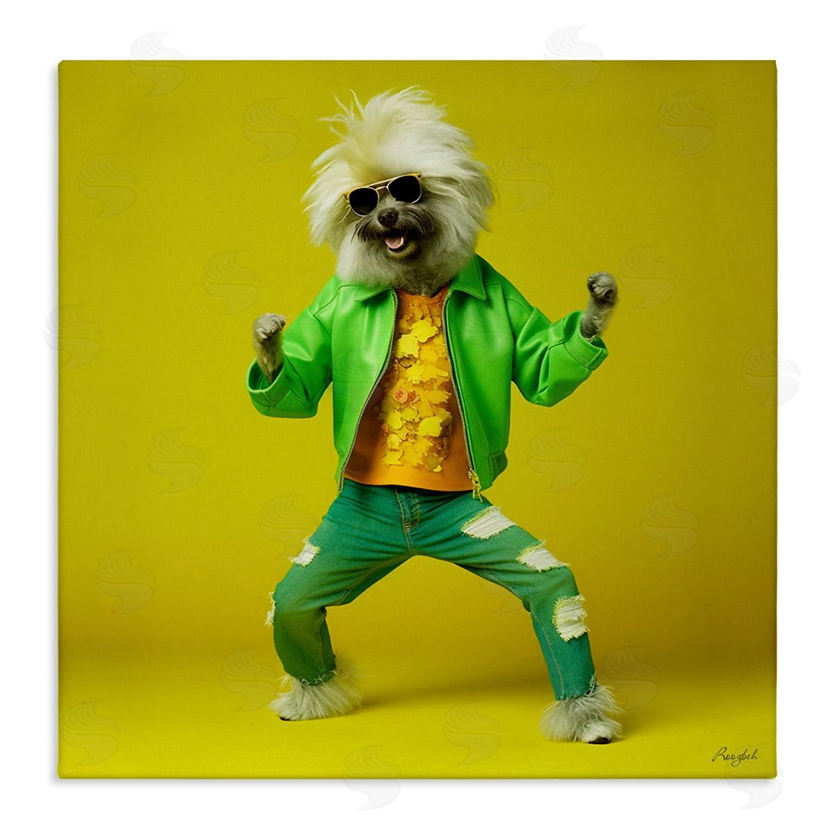 Roozbeh Dancing Dog in Green Canvas Wall Art