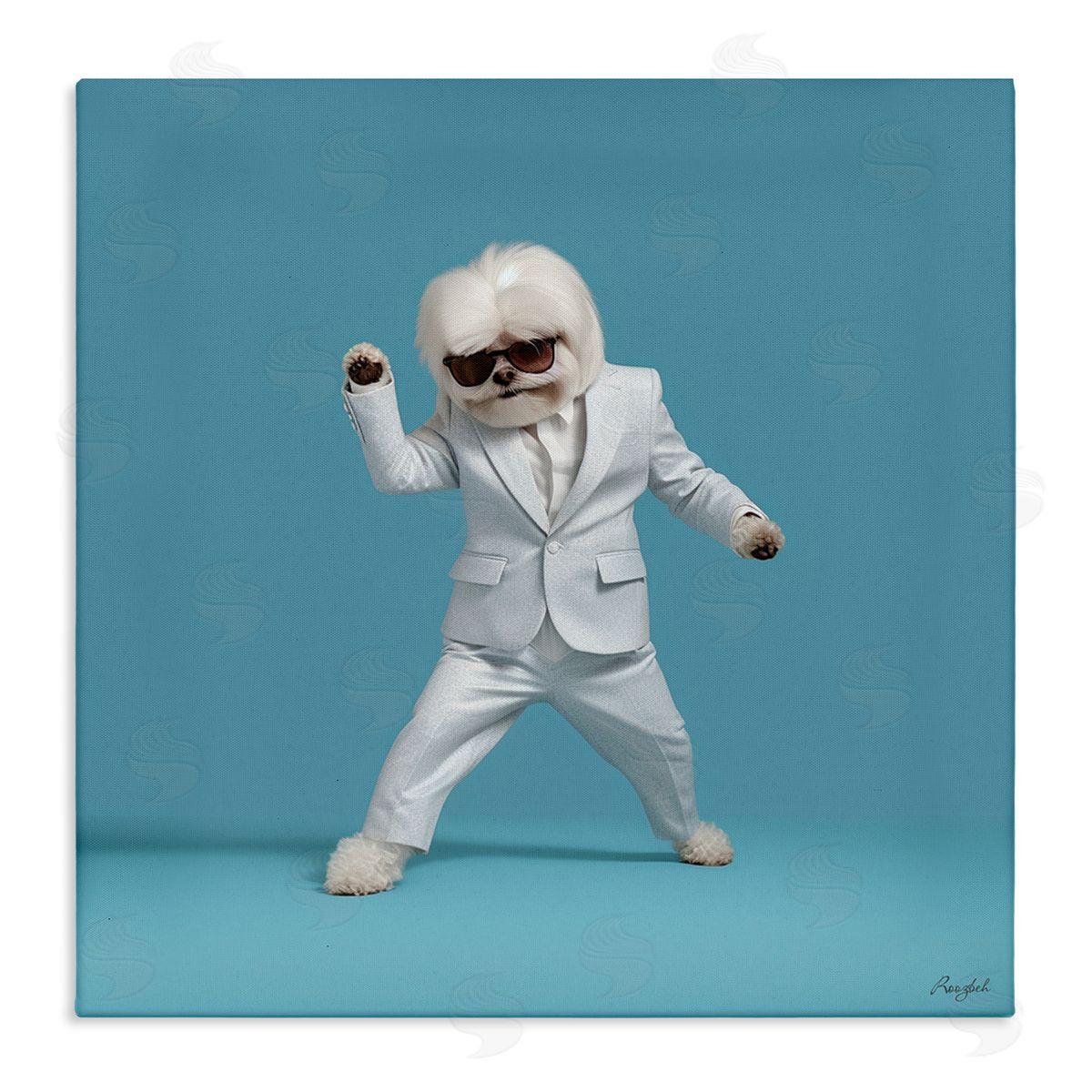 Roozbeh Dog Dancing on Blue Canvas Wall Art