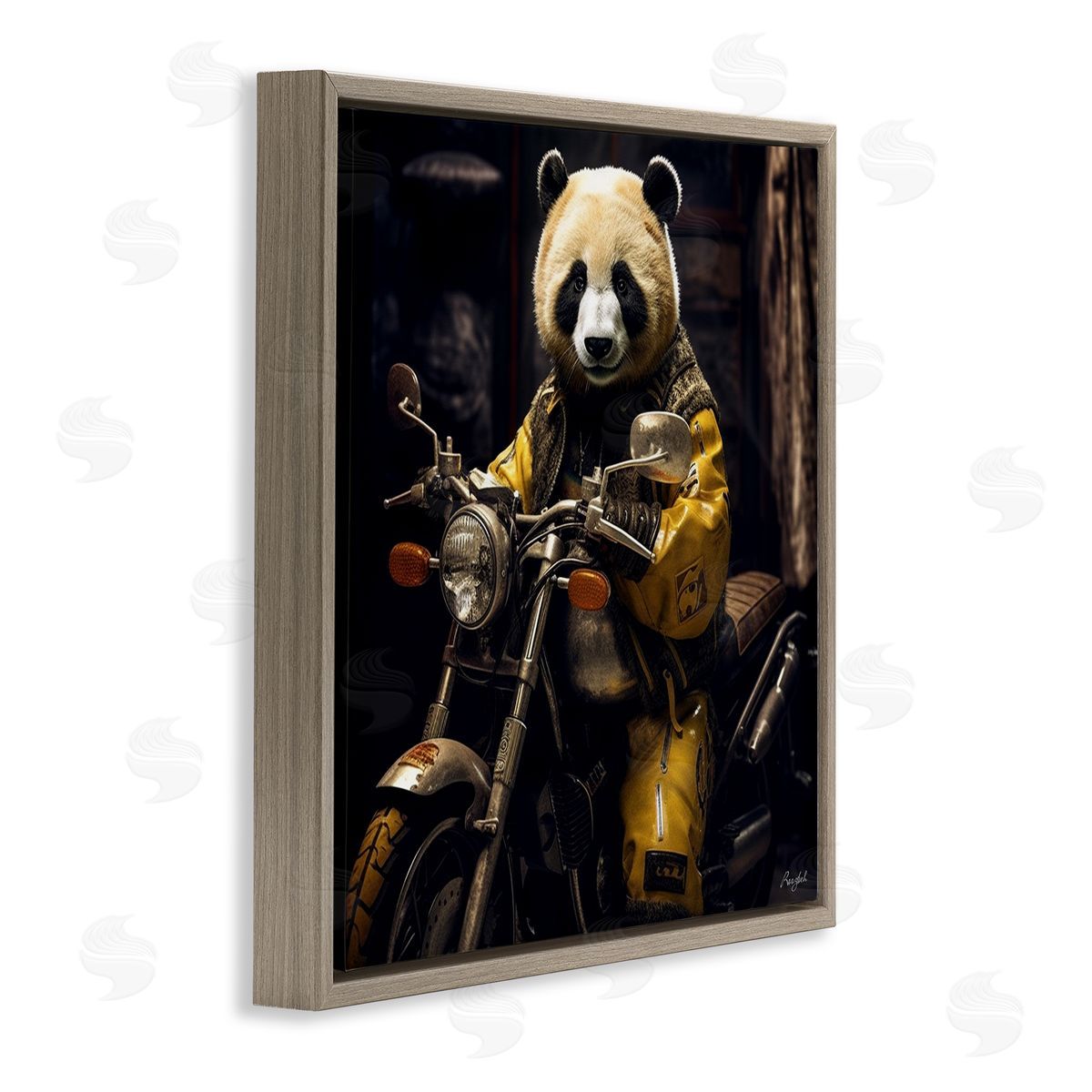 Roozbeh Panda on Motorcycle Brown Floater Frame Canvas Artside_
