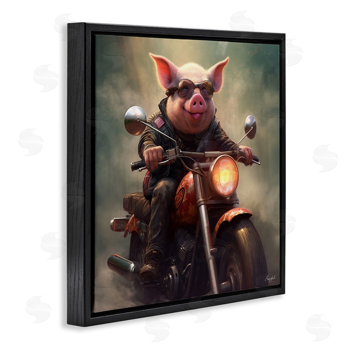 Roozbeh Biker Pig on Motorcycle Black Floater Frame Canvas Artside_