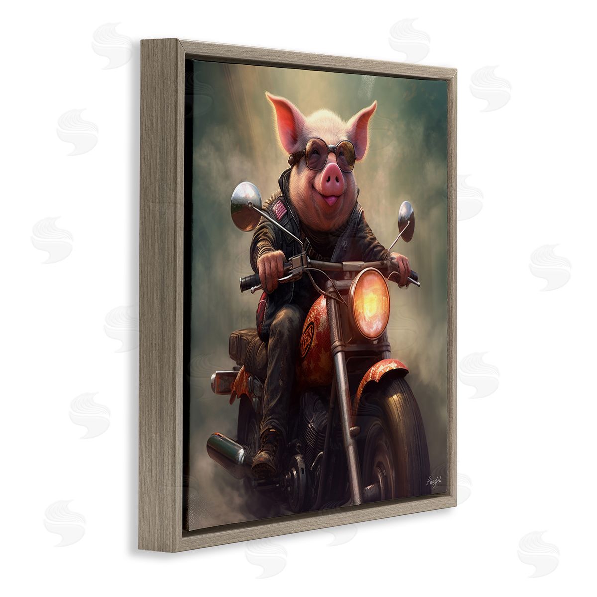 Roozbeh Biker Pig on Motorcycle Brown Floater Frame Canvas Artside_