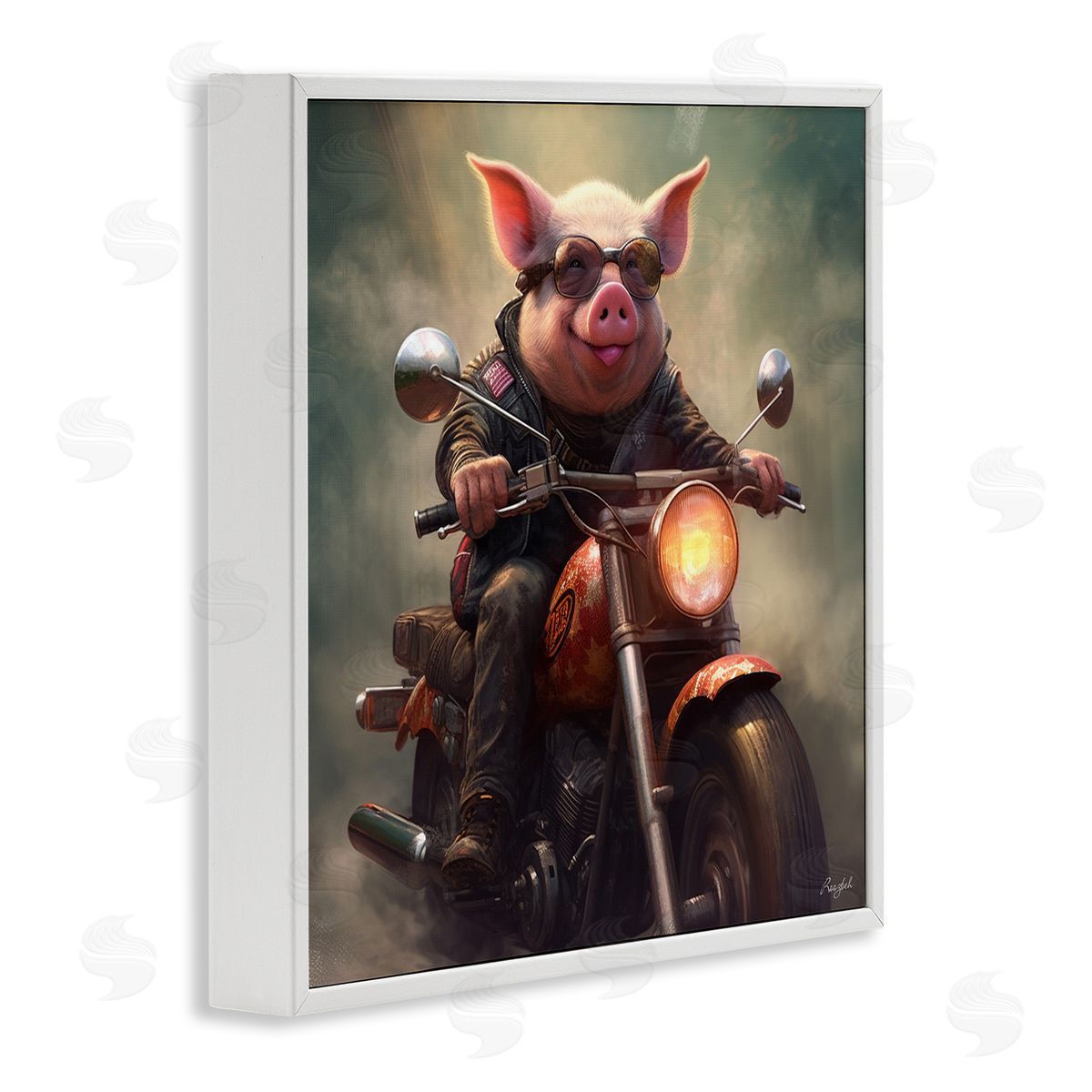 Roozbeh Biker Pig on Motorcycle White Framed Giclee Wall Artside_