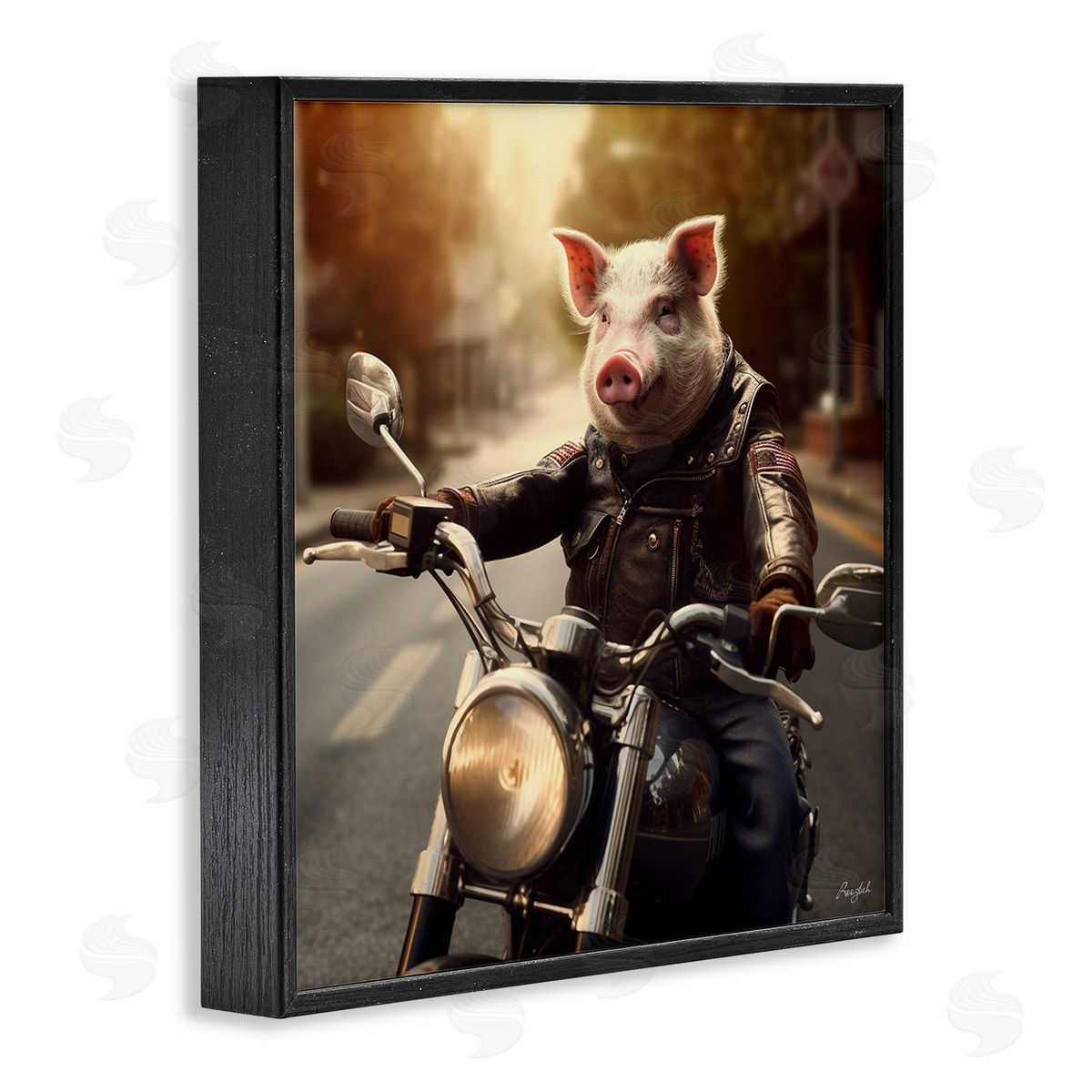 Roozbeh Pig Riding Motorcycle Black Framed Giclee Wall Artside_