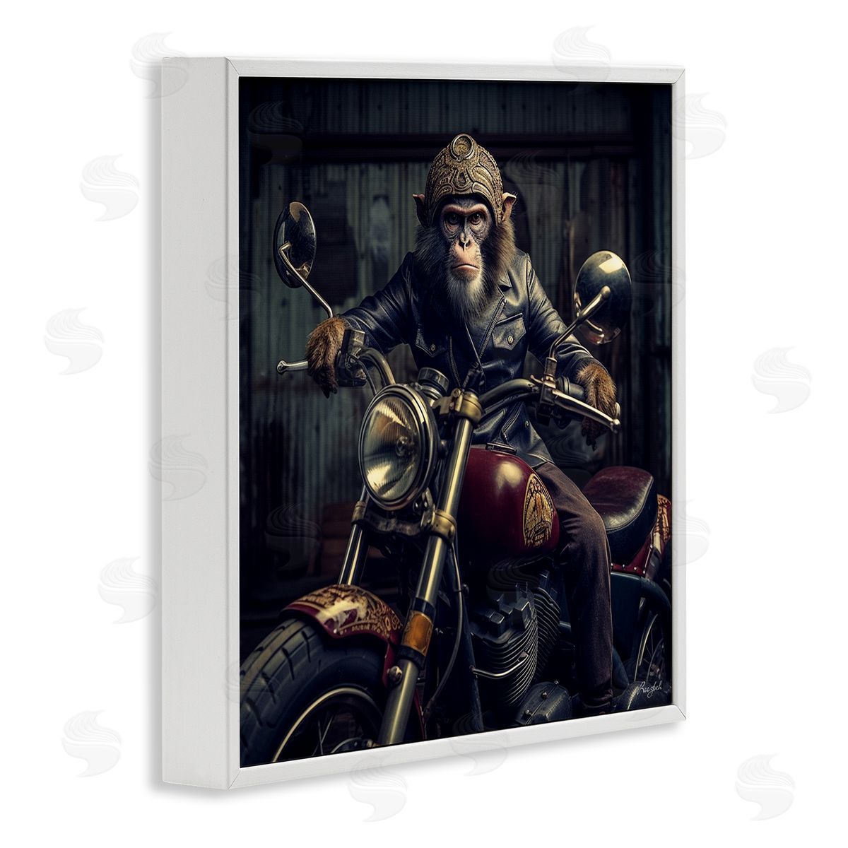 Roozbeh Gorilla Motorcycle Portrait White Framed Giclee Wall Artside_