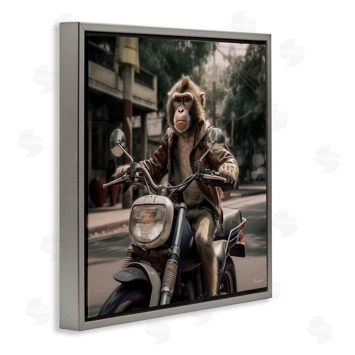 Roozbeh Monkey Motorcycle Biker Gray Floater Frame Canvas Artside_