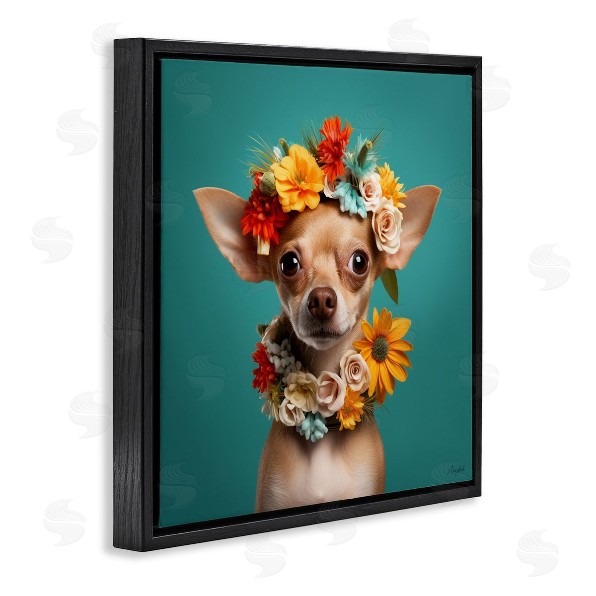 Floral Chihuahua Portrait Black Floating Frame Canvas Wall Art, Home Decor by Roozbeh