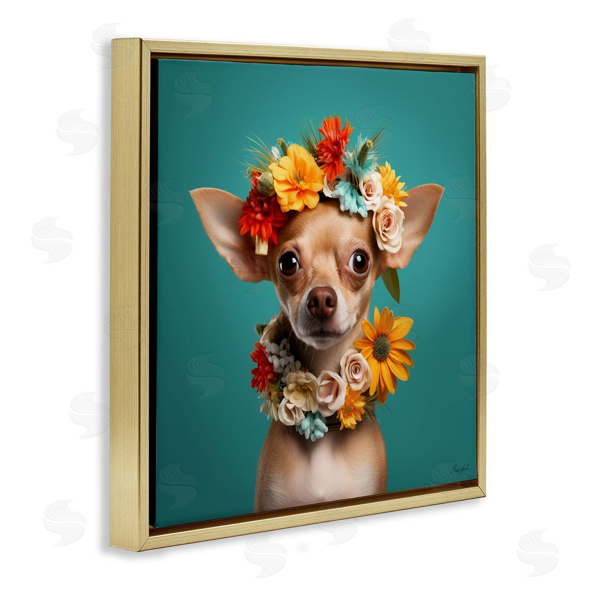 Floral Chihuahua Portrait Gold Floating Frame Canvas Wall Art, Home Decor by Roozbeh