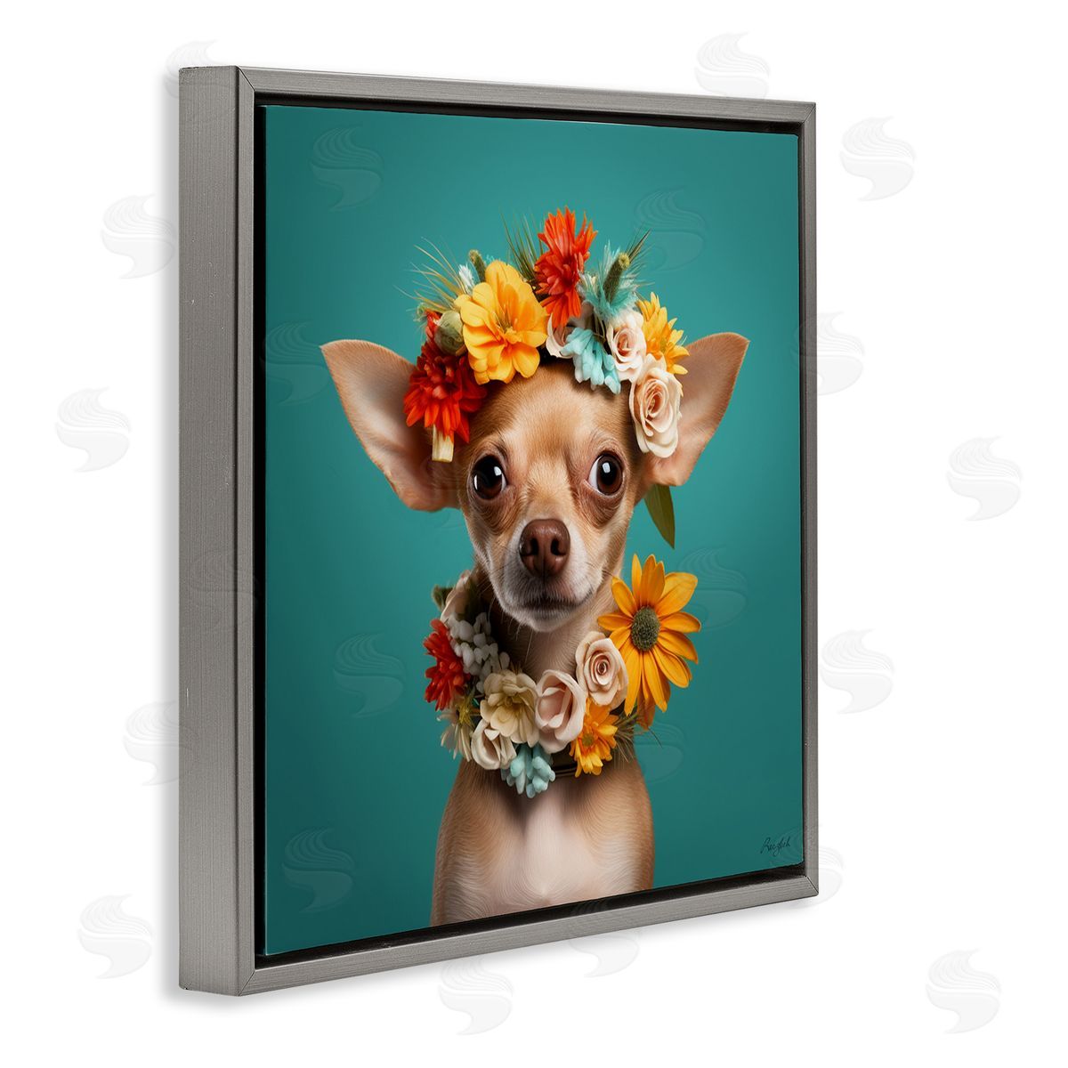 Floral Chihuahua Portrait Grey Floating Frame Canvas Wall Art, Home Decor by Roozbeh