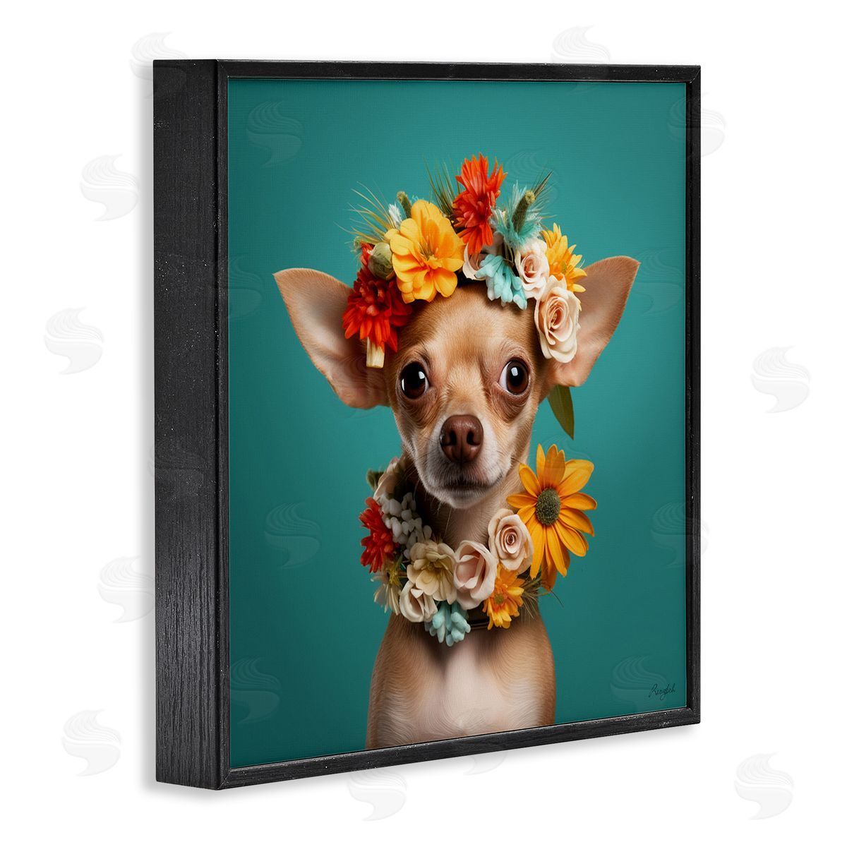 Floral Chihuahua Portrait Black Frame Print Wall Art, Home Decor by Roozbeh