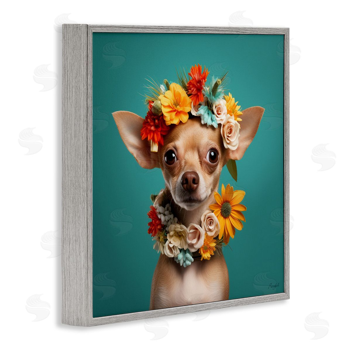 Floral Chihuahua Portrait Grey Frame Print Wall Art, Home Decor by Roozbeh