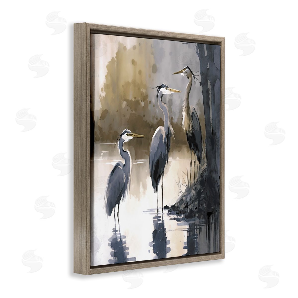 Lake View Herons Brown Floating Frame Canvas Wall Art, Home Decor by Ray Powers