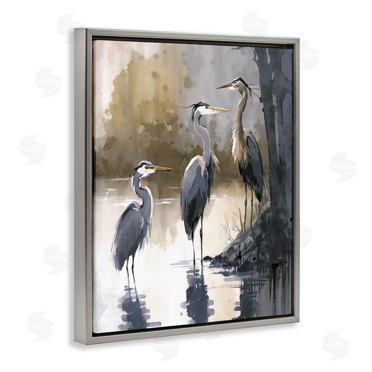 Lake View Herons Grey Floating Frame Canvas Wall Art, Home Decor by Ray Powers
