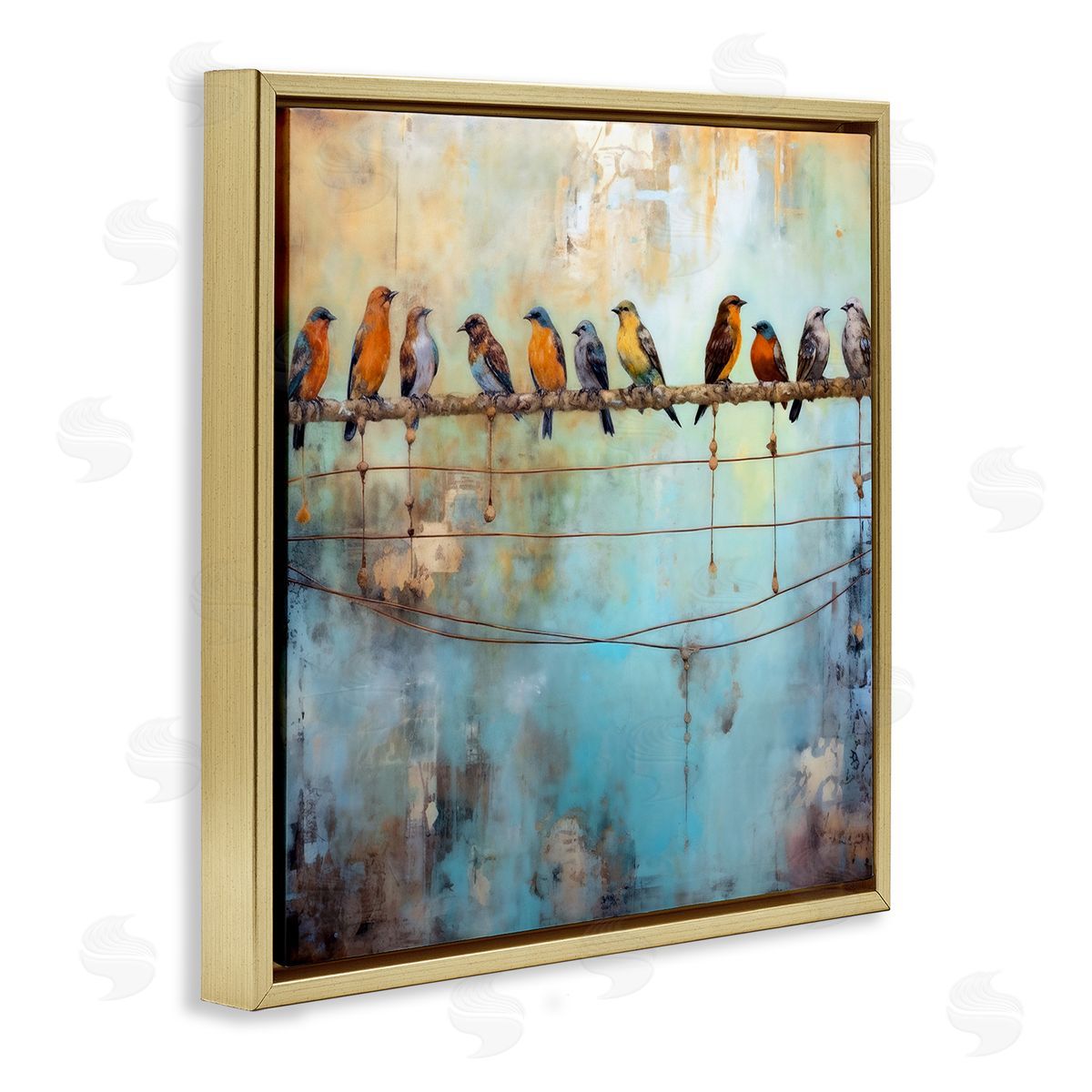 Abstract Perched Birds Gold Floating Frame Canvas Wall Art, Home Decor by Ray Powers