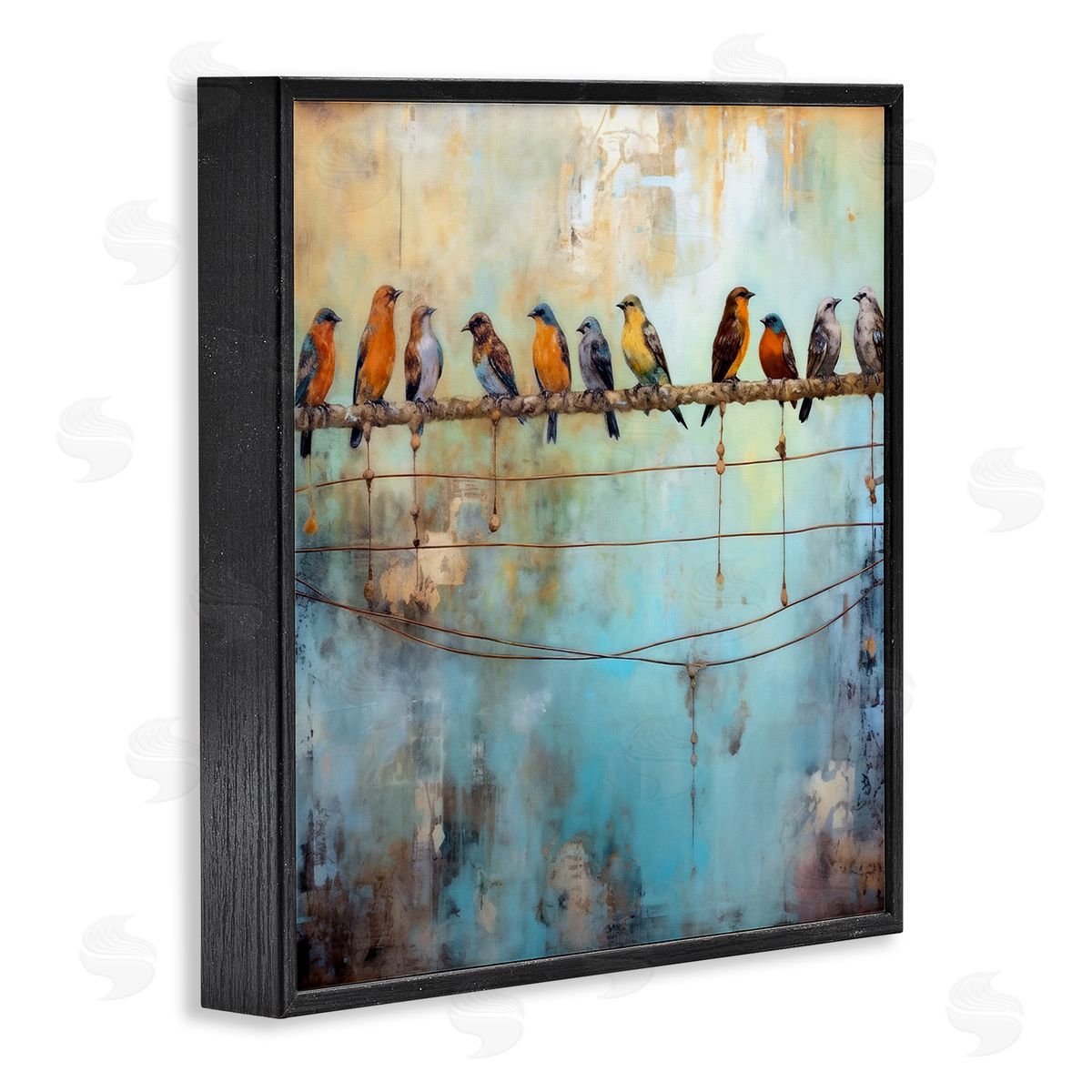 Abstract Perched Birds Black Frame Print Wall Art, Home Decor by Ray Powers