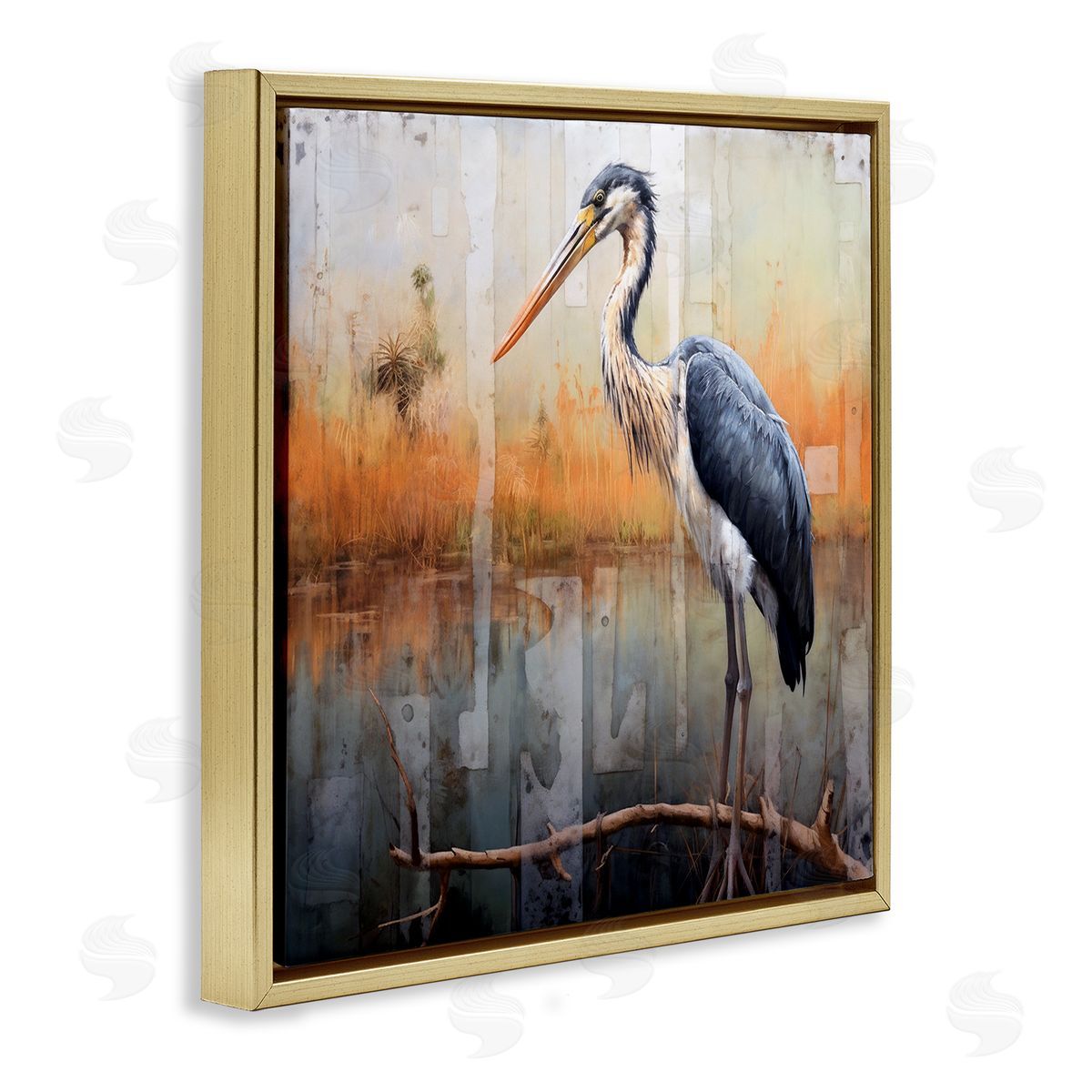 Ray Powers Heron Bird Abstraction Gold Floater Frame Canvas Artside_