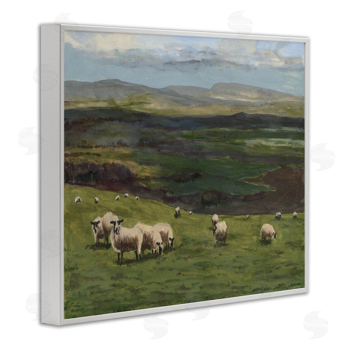 Michael Willett Flock of Sheep Grazing White Framed Giclee Wall Artside_