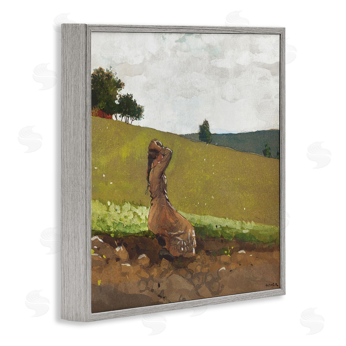 Winslow Homer Girl in Field Landscape Gray Framed Giclee Wall Artside_