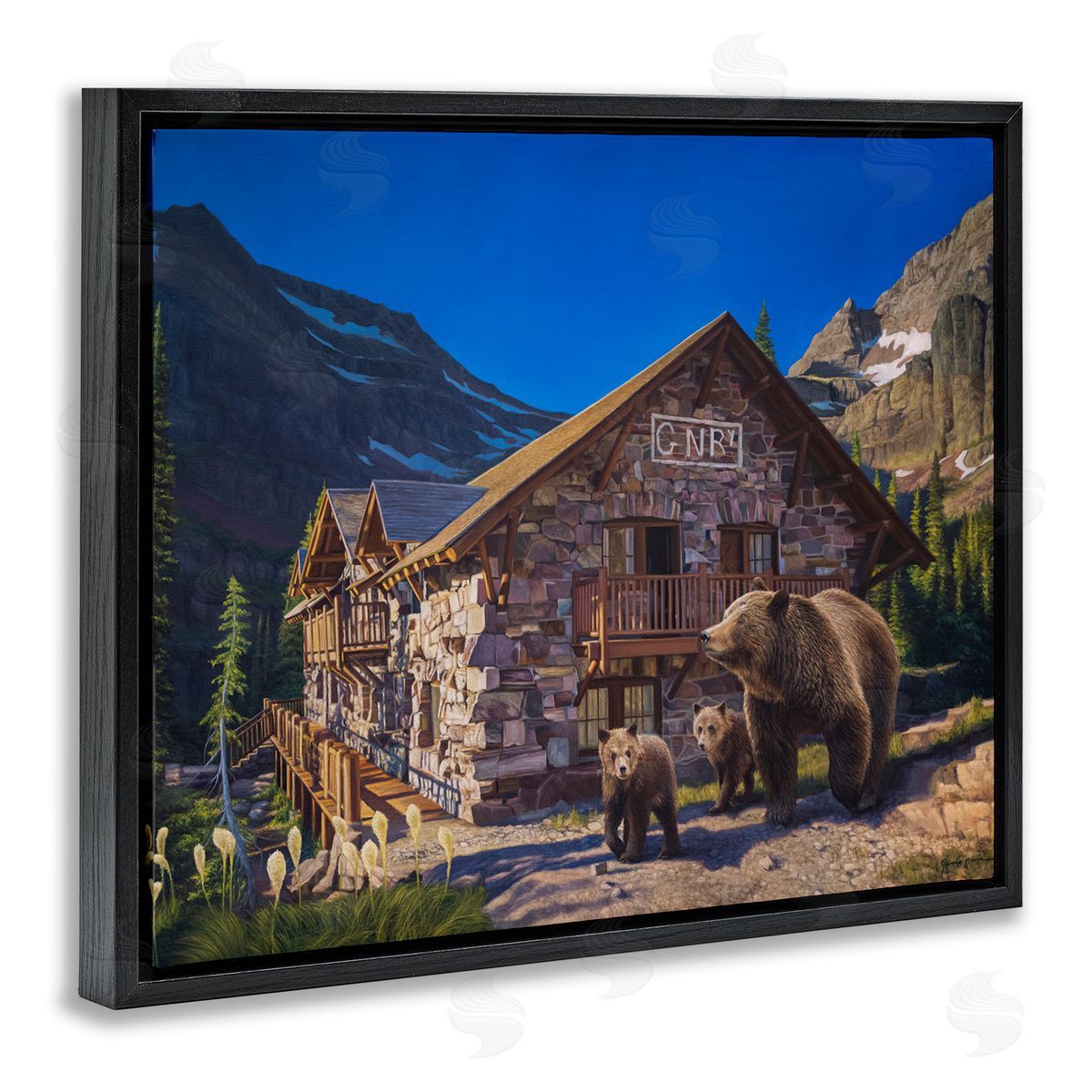 James Corwin Bears & Lodge Scenery Black Floater Frame Canvas Artside_
