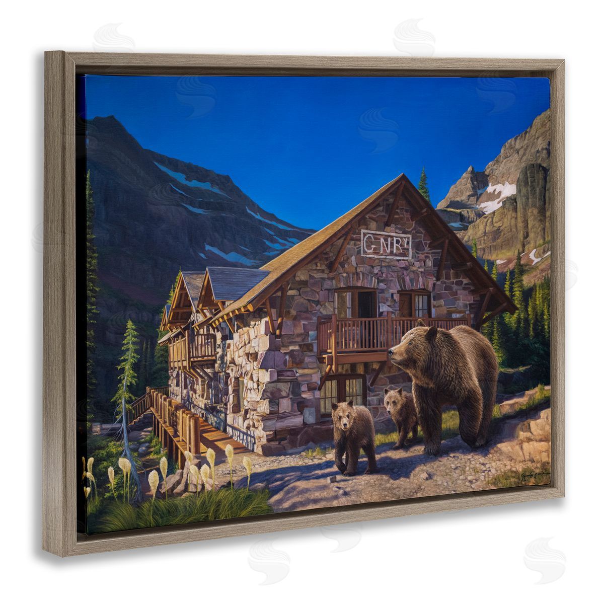 James Corwin Bears & Lodge Scenery Brown Floater Frame Canvas Artside_