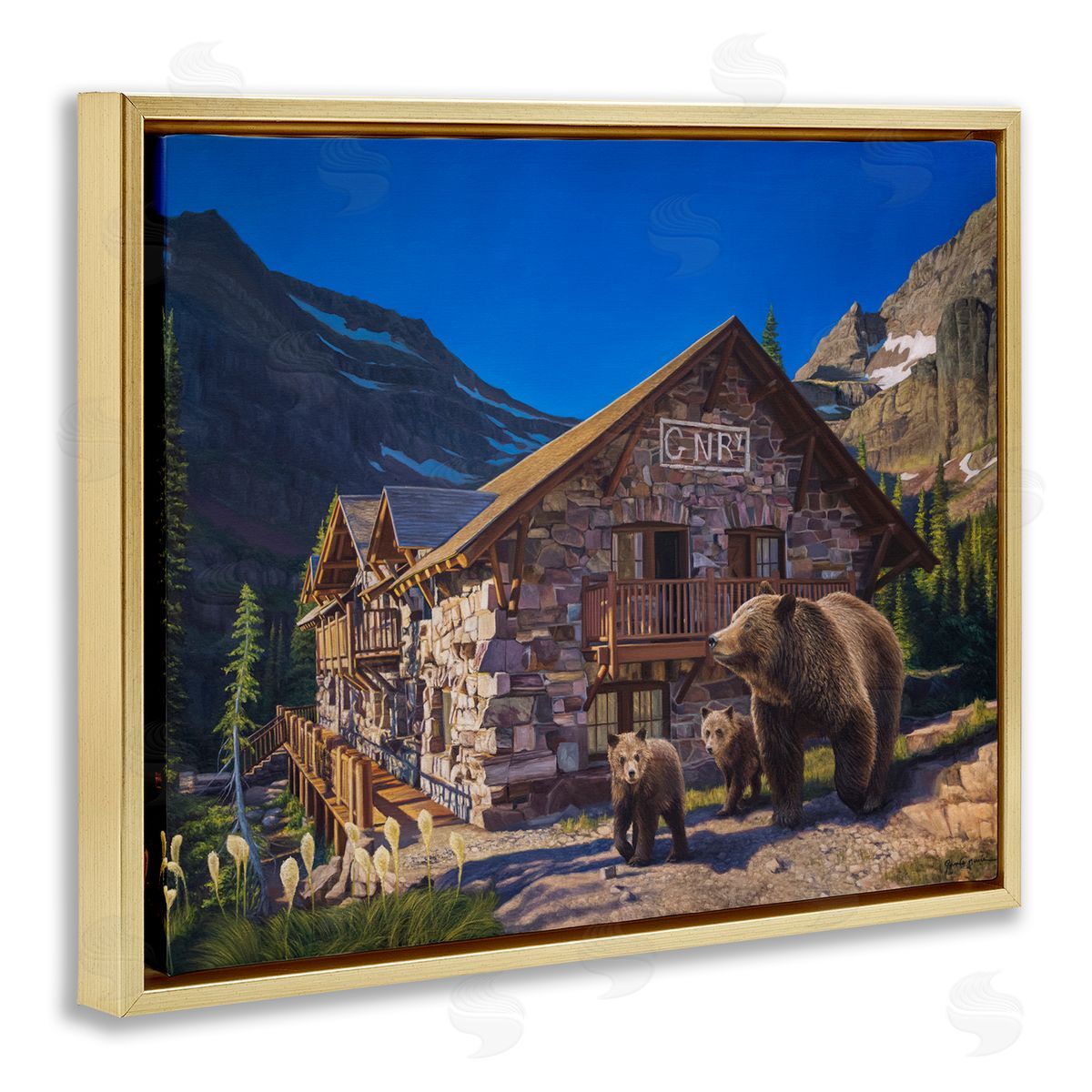 James Corwin Bears & Lodge Scenery Gold Floater Frame Canvas Artside_