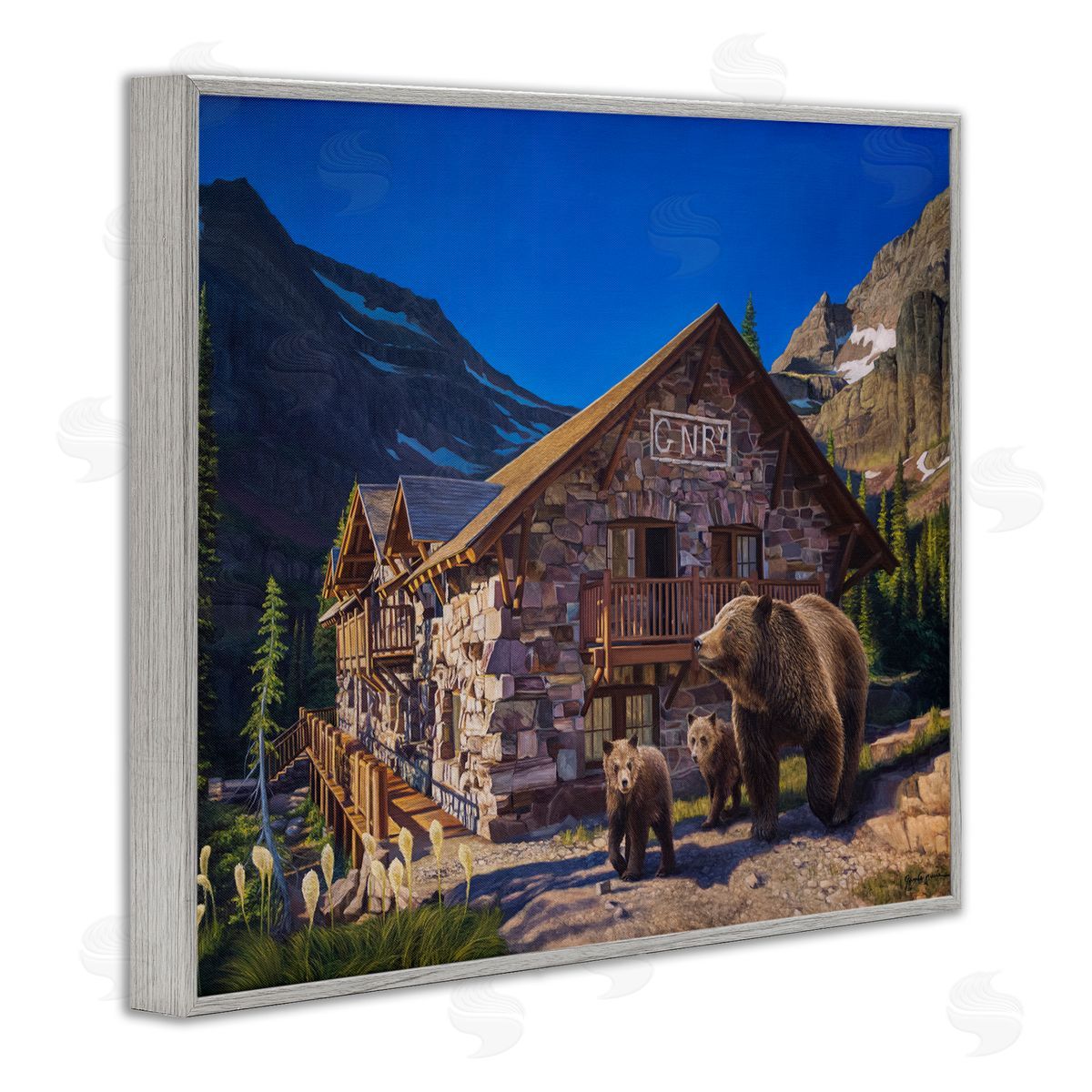 James Corwin Bears & Lodge Scenery Gray Framed Giclee Wall Artside_