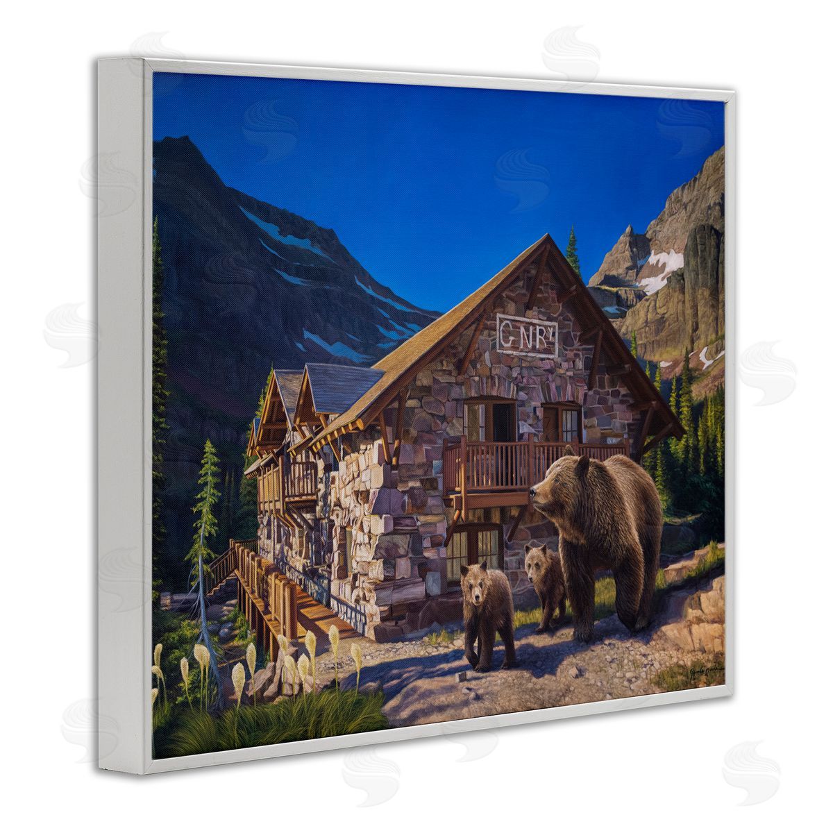 James Corwin Bears & Lodge Scenery White Framed Giclee Wall Artside_