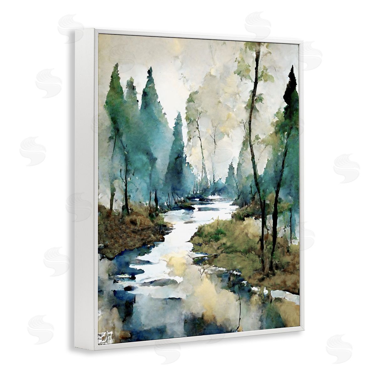 Watercolor Creek Landscape White Frame Print Wall Art, Home Decor by Ray Powers