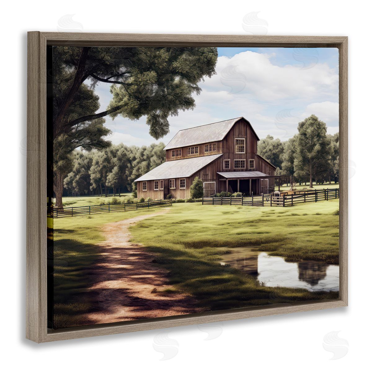 Ray Powers Farmhouse Barn & Stream Brown Floater Frame Canvas Artside_